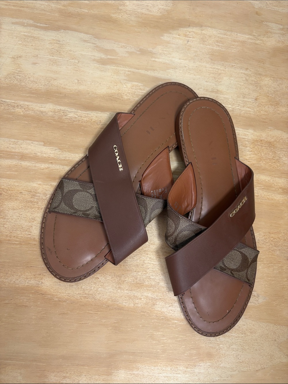 Coach Brown Leather & Signature Canvas Crossband Slide Sandals